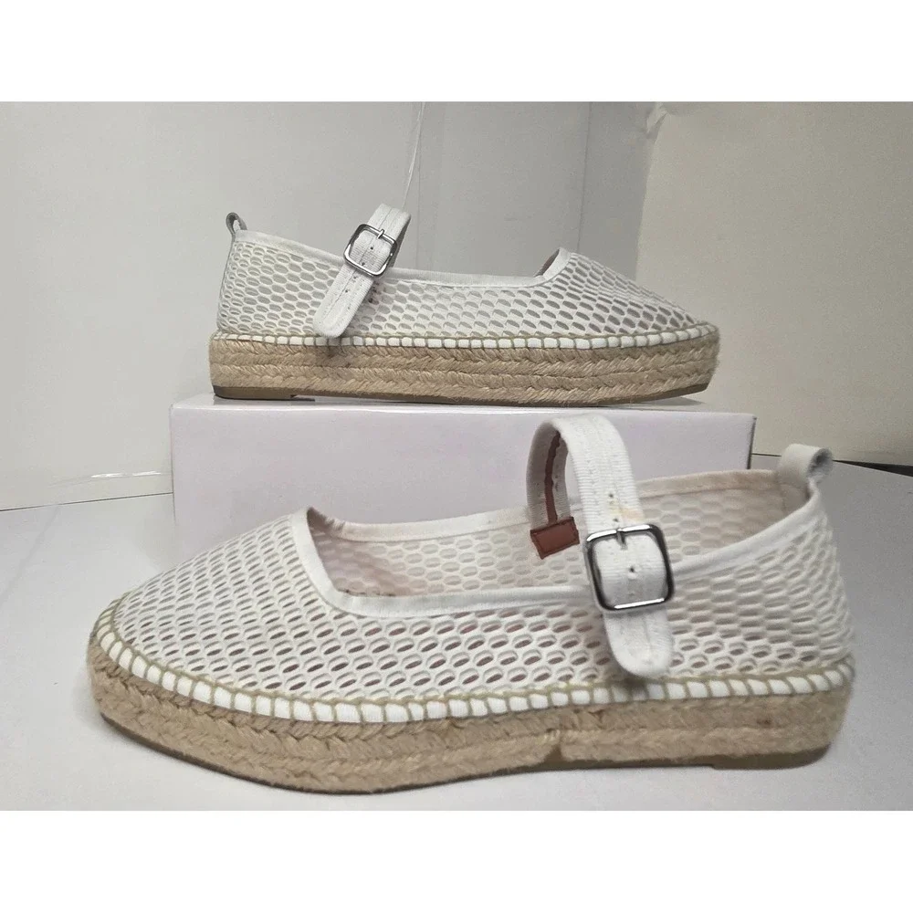 White Mesh Mary Jane Espadrille Platform Flats Buckle Strap Shoes Womens 9